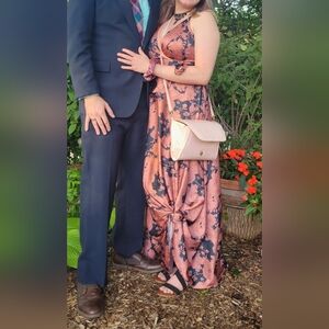 Lulus Size L Floral Rose Gold and Navy Silk Maxi Wrap Dress